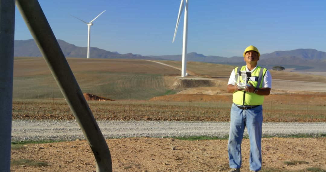 Engineer Operating Drone Near Wind Turbines in Rural Landscape