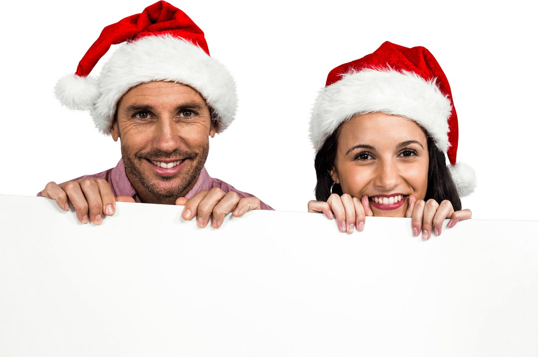 Transparent Smiling Couple in Santa Hats Holding Blank Display