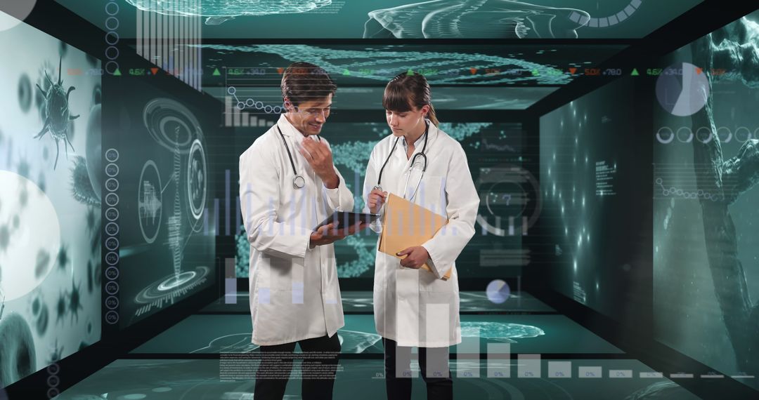 Future of Medicine: Doctors Analyzing Data with High-Tech Interface