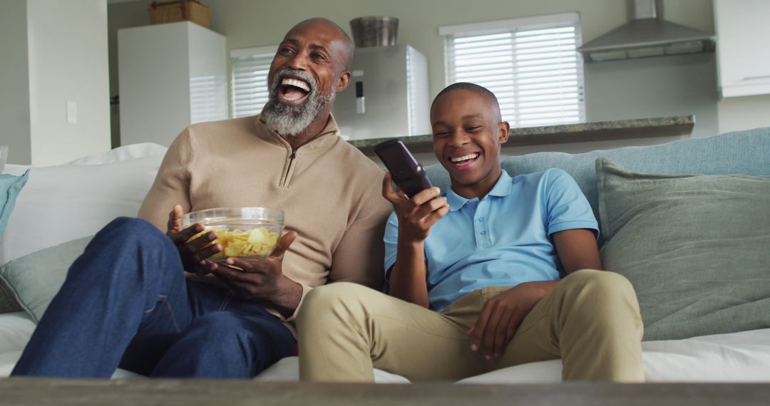 Happy African American Father and Son Enjoying TV Together on Couch - Free Images, Stock Photos and Pictures on Pikwizard.com