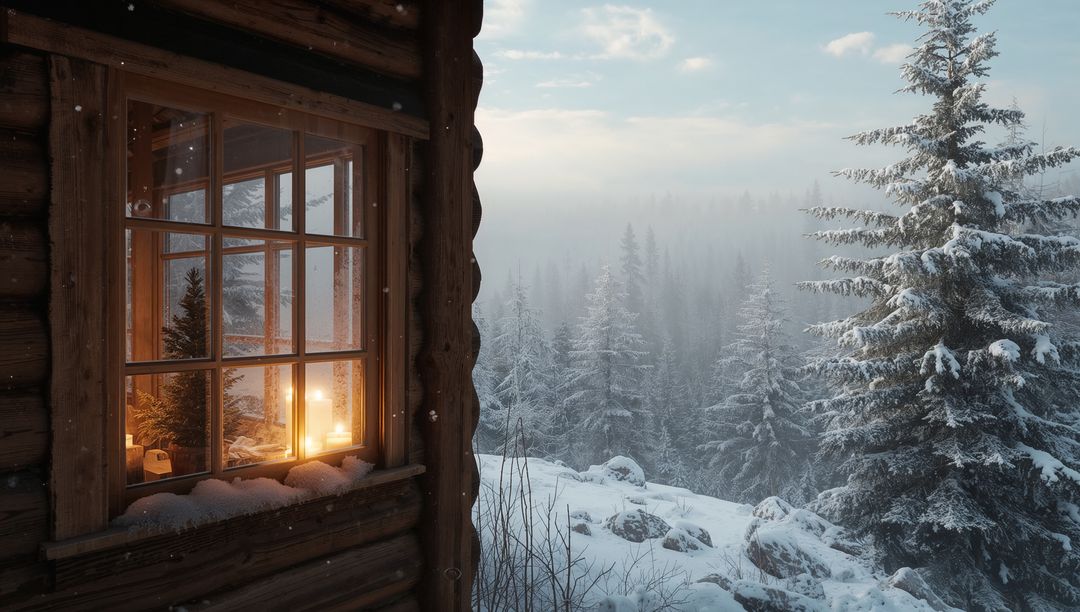 Cozy cabin window glowing with candles overlooking snowy misty forest and pine trees