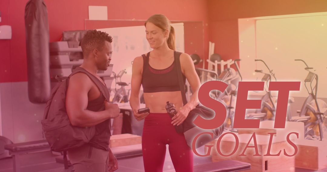 Diverse Duo Exercising in Gym with Motivational Text