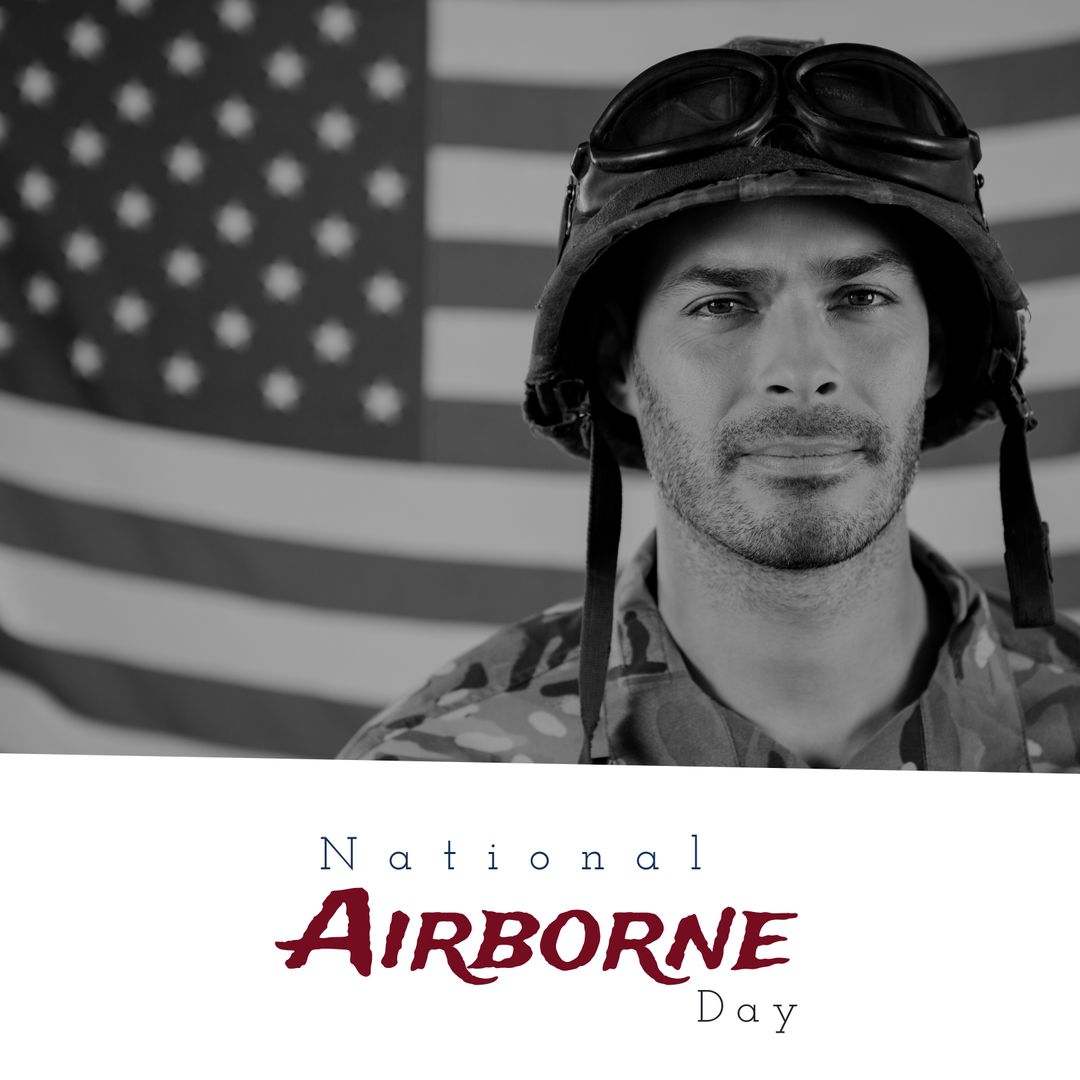 Caucasian Soldier Commemorating National Airborne Day with American Flag