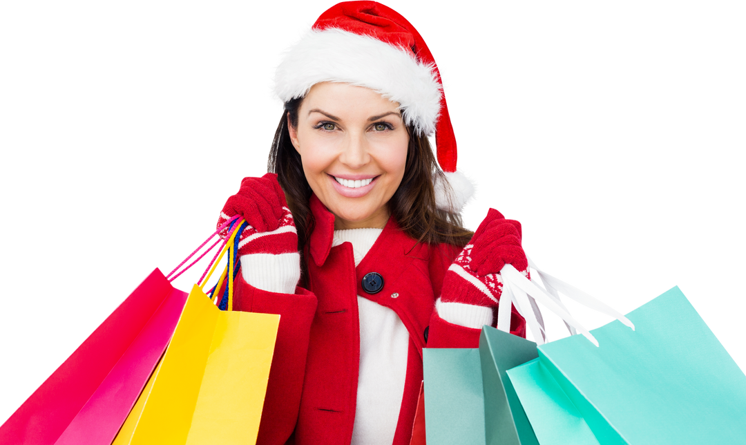 Woman in Santa Hat with Shopping Bags on Transparent Background - Download Free Stock Images Pikwizard.com