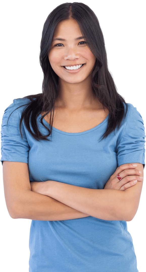 Transparent Smiling Asian Woman with Crossed Arms