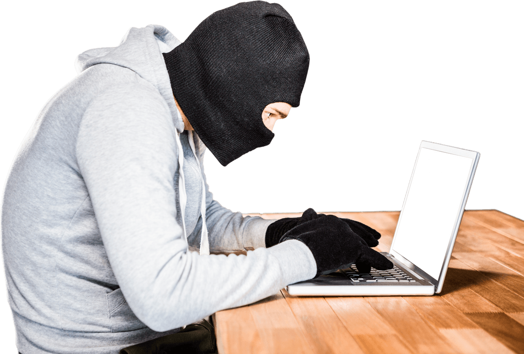 Transparent Hacker in Mask Typing on Laptop White Background