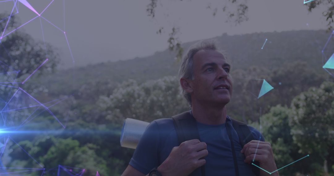 Senior Man Enjoying Hike in Scenic Countryside with Digital Effects