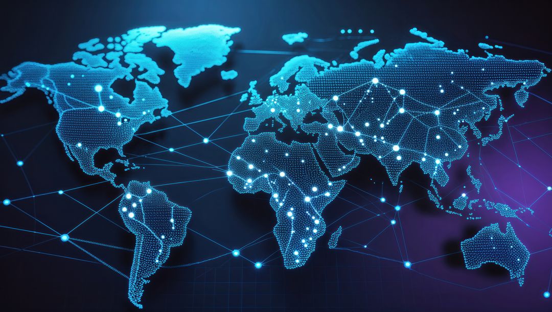 Futuristic Digital World Map with Network Nodes in Tech Grid