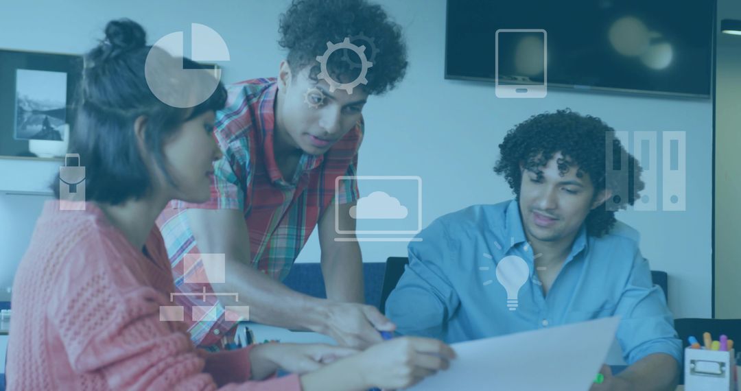 Young team collaborating over project plans with digital tech icons overlaying desk