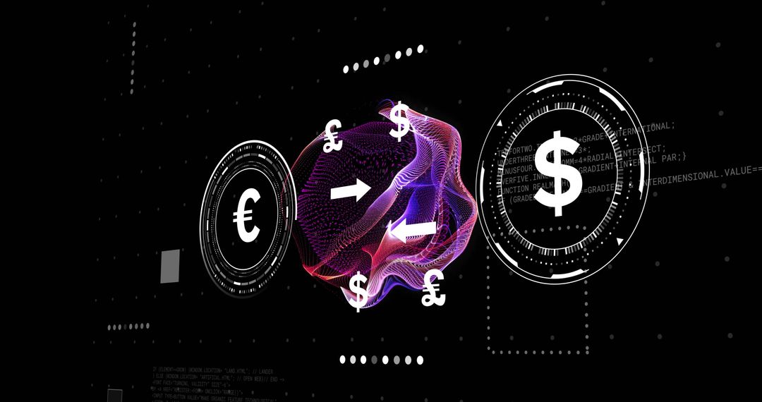 Digital Mesh Sphere with Currency Symbols in Modern Technological Background