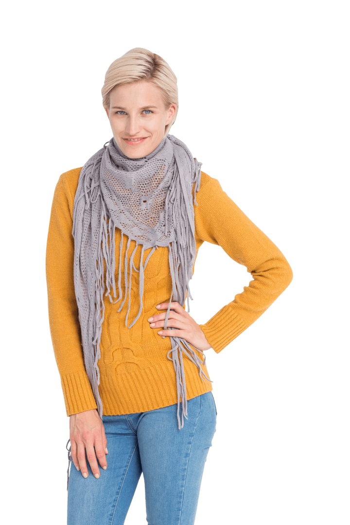Smiling Woman in Yellow Sweater with Gray Scarf Transparent Background