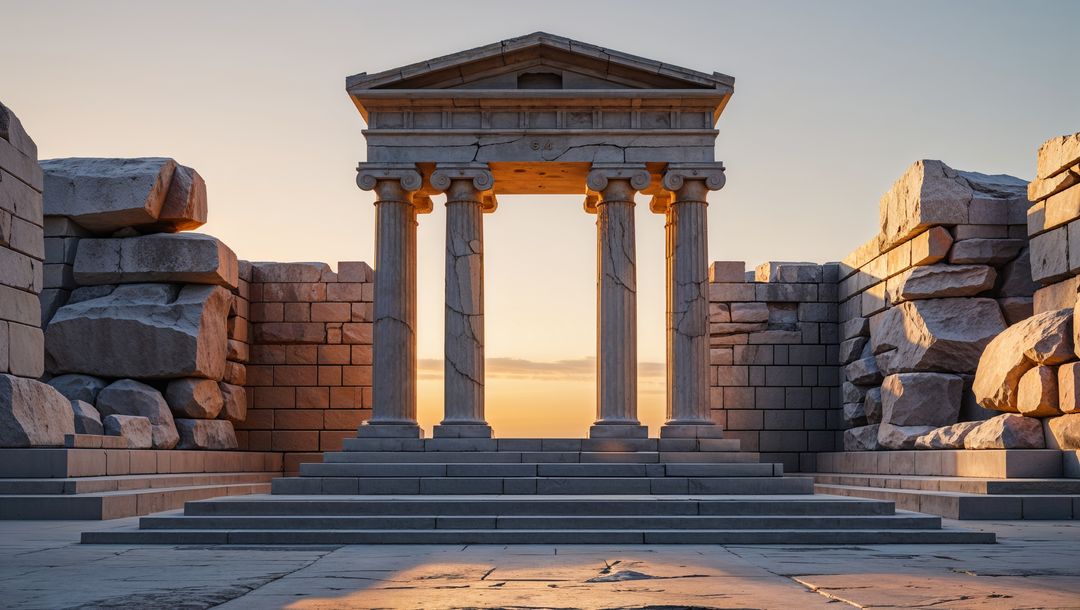 Ancient Stone Ruins with Columns at Sunset