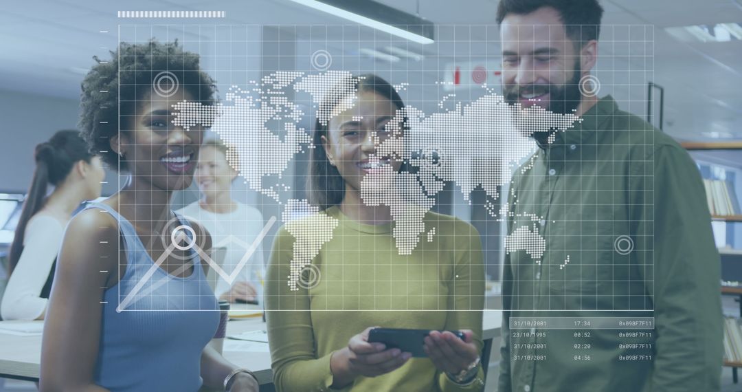 Diverse Professionals Analyzing Global Data in Modern Office