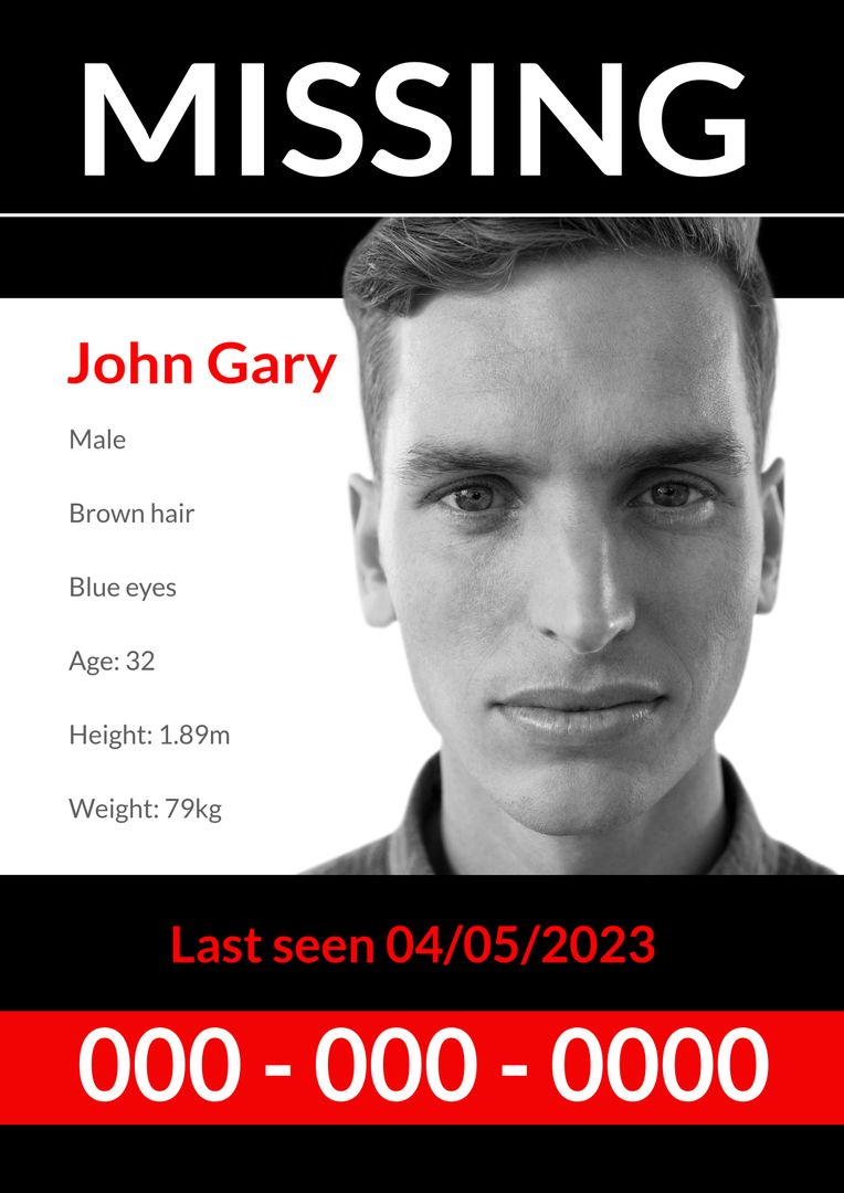 Missing Person Poster with Details of John Gary - Download Free Stock Templates Pikwizard.com