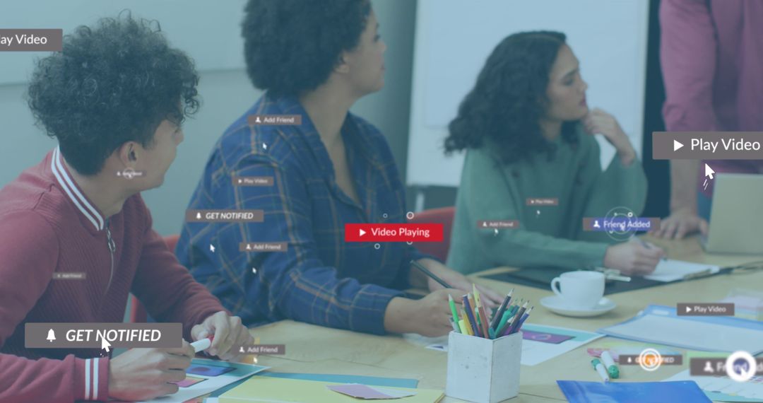 Diverse Professionals in Meeting with Digital Overlay