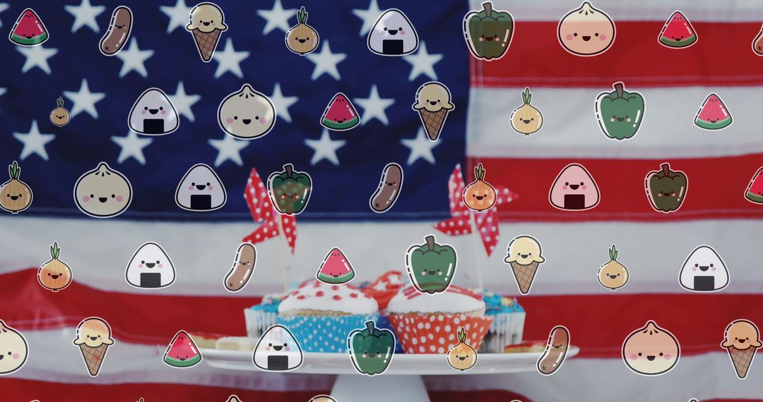 Cupcakes with American Flag Background and Cartoon Food Icons