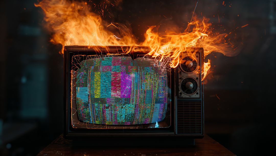 Vintage CRT TV on Fire with Static Glitch Screen