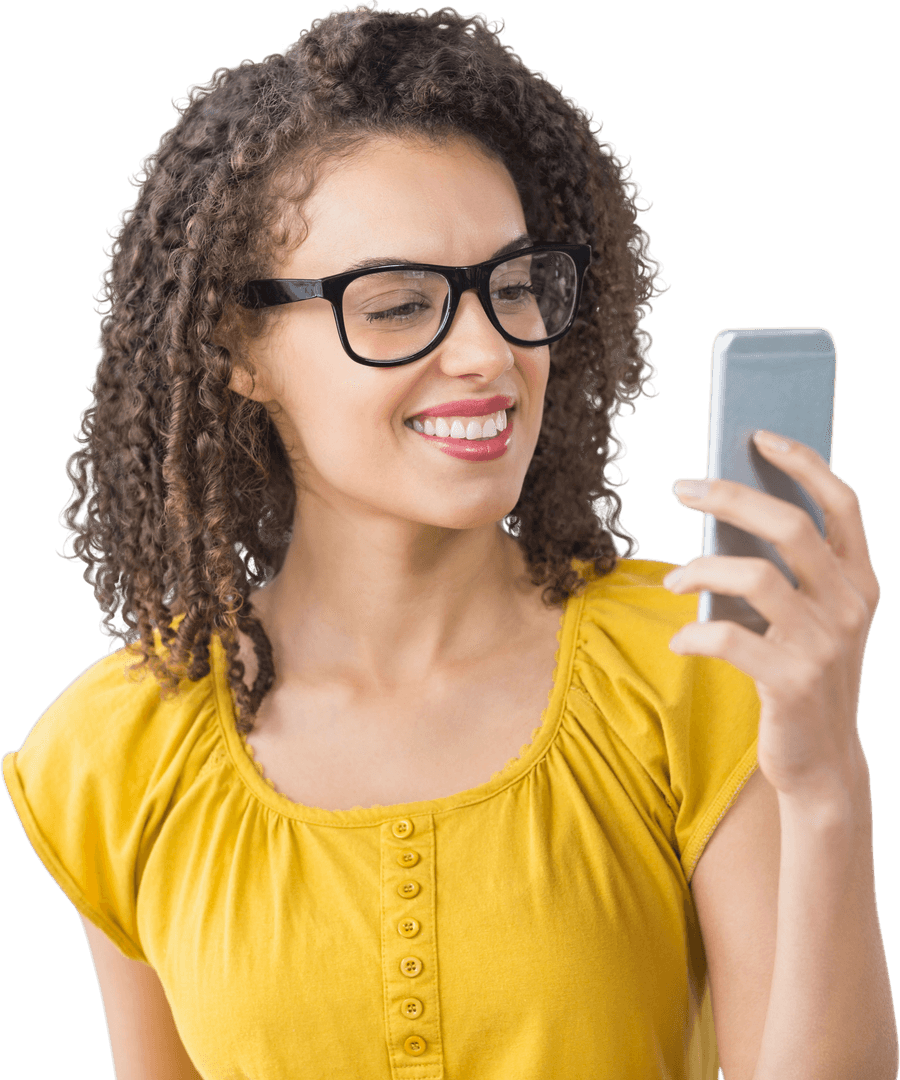 Transparent Woman Smiling with Smartphone Wearing Yellow Blouse and Glasses