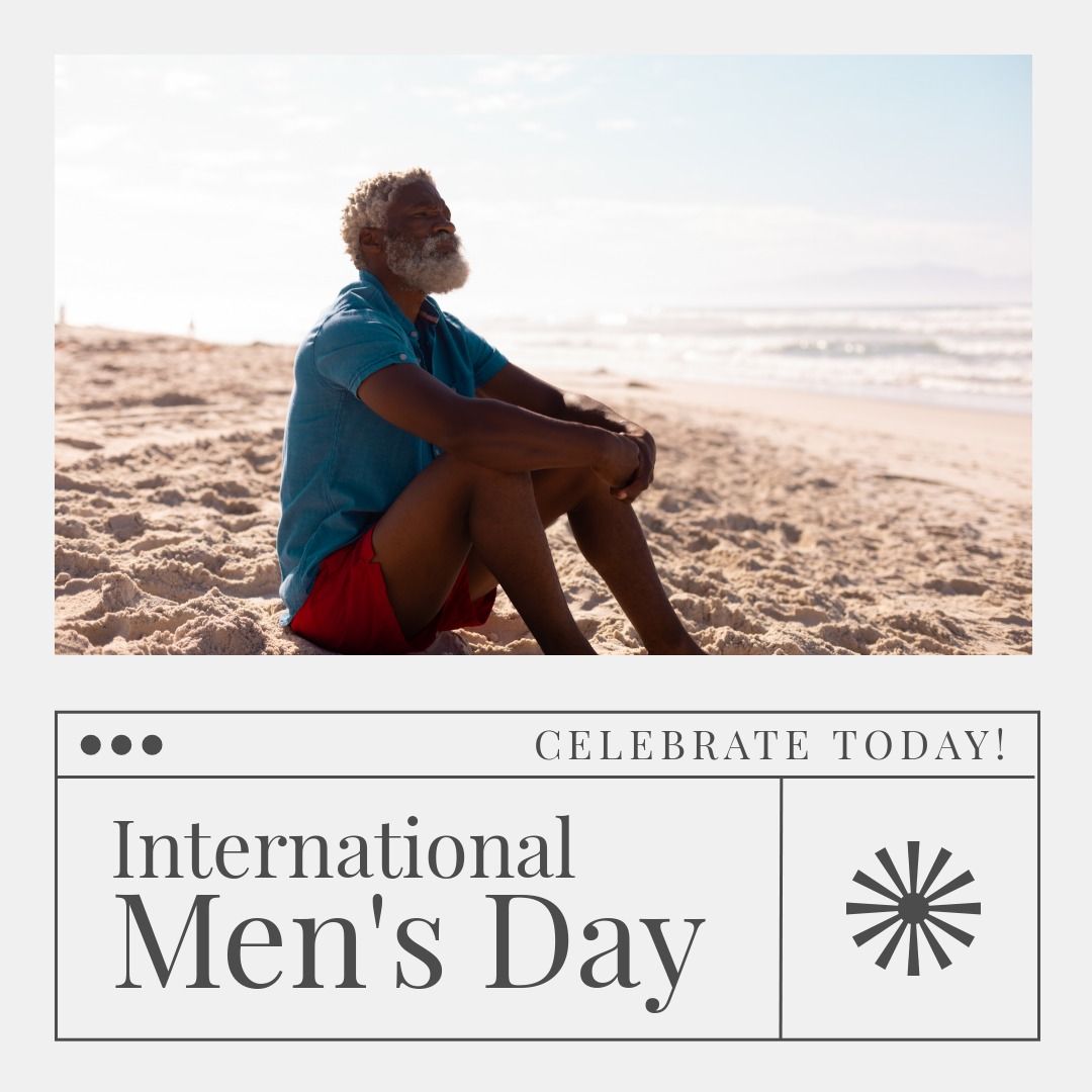 Square image of international men's day text and senior african american man sitting on beach - Download Free Stock Templates Pikwizard.com