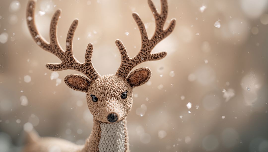 Handmade Knit Reindeer Ornament with Patterned Antlers and Button Eyes Glowing in Snow
