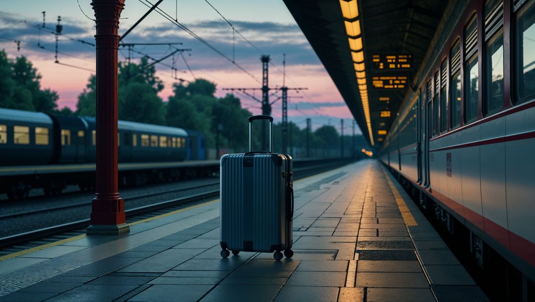 Silver Suitcase on Empty Train Platform at Dawn