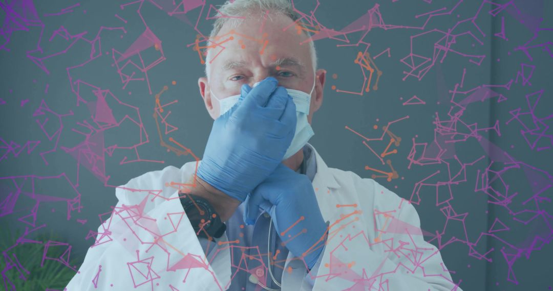Senior Doctor in Lab Coat Adjusting Mask with Gloved Hands