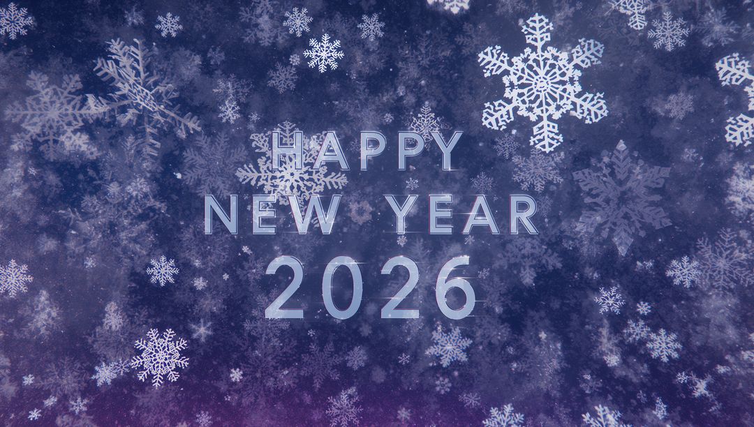 Happy New Year 2026 Glowing Lettering with Decorative Snowflakes and Winter Bokeh