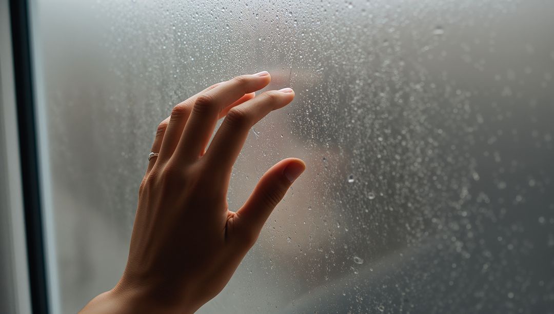 Pressing Hand Against Rain-Covered Window Showing Ring, Raindrops and Moody Closeup
