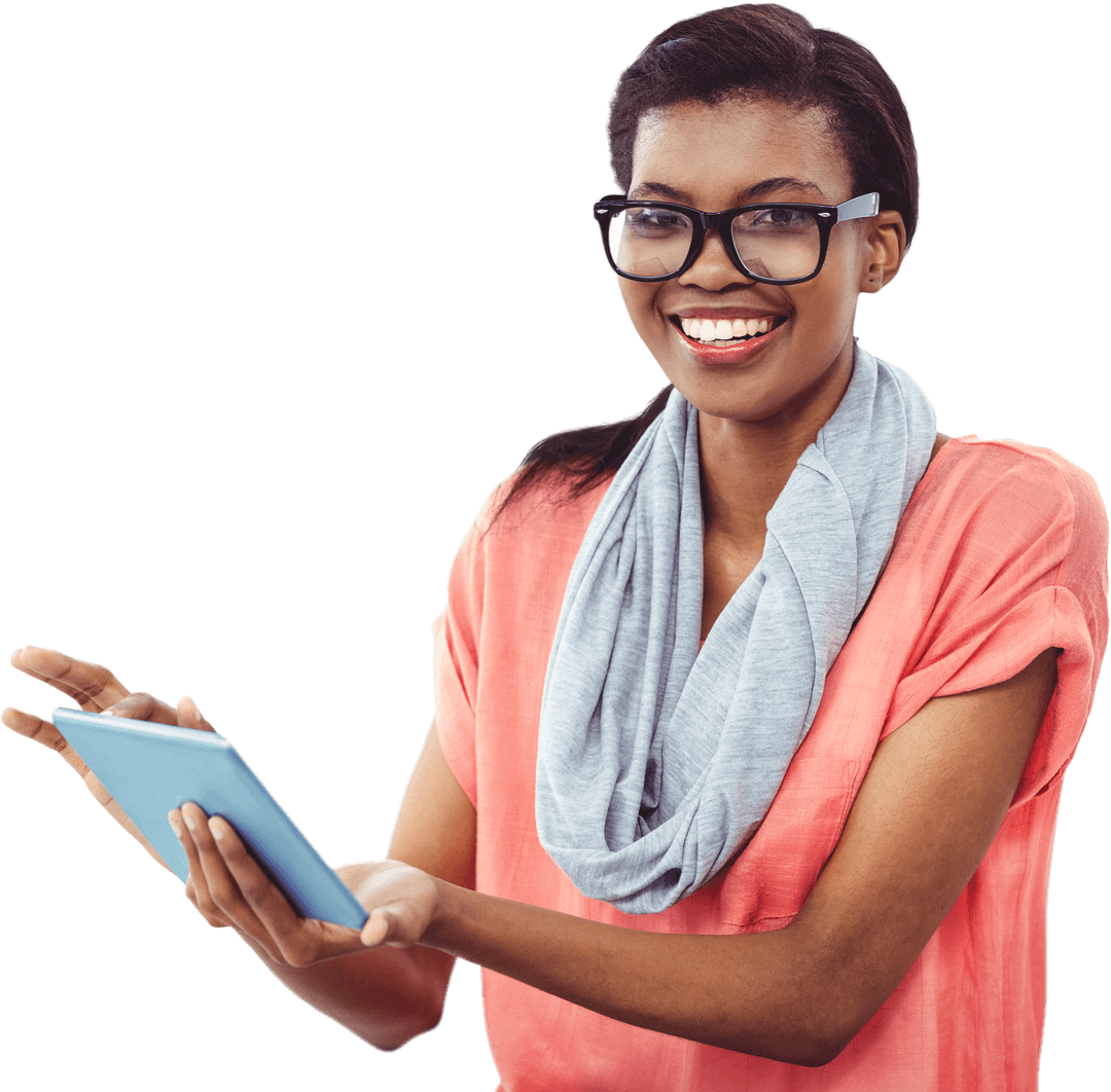 Smiling African American Woman Using Tablet Transparent Background