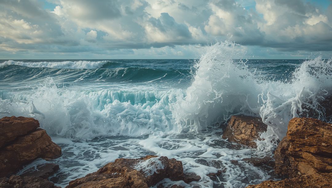 Dramatic Waves Crashing Against Rocky Coastline Under Cloud-Filled Sky