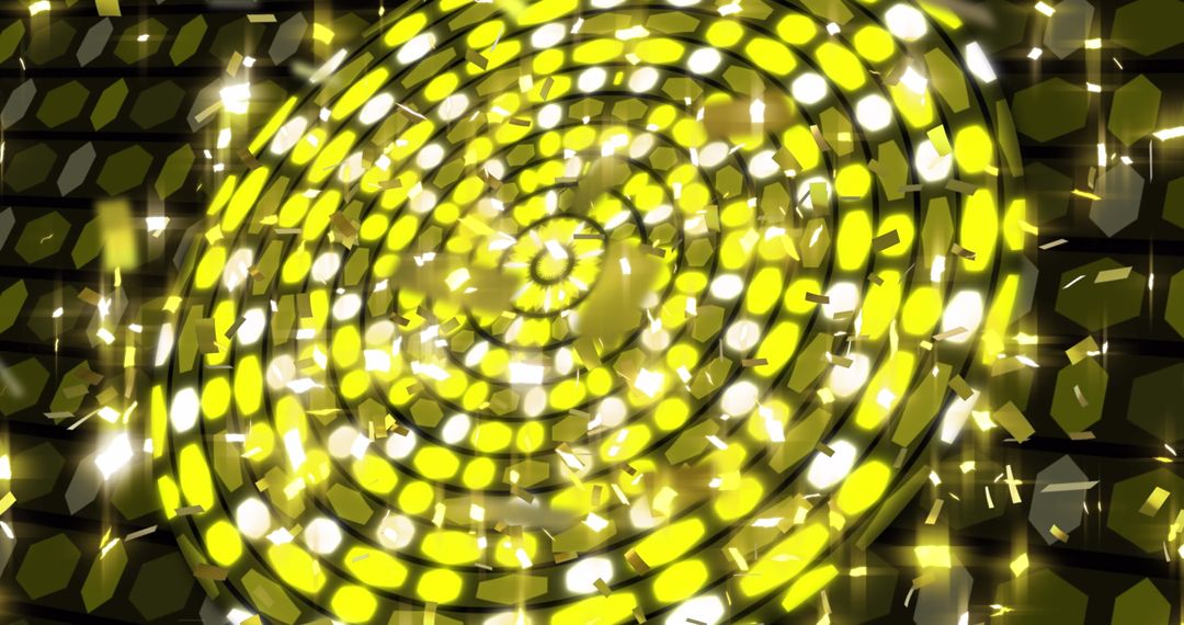 Glowing Confetti Falling Over Energetic Yellow Discs