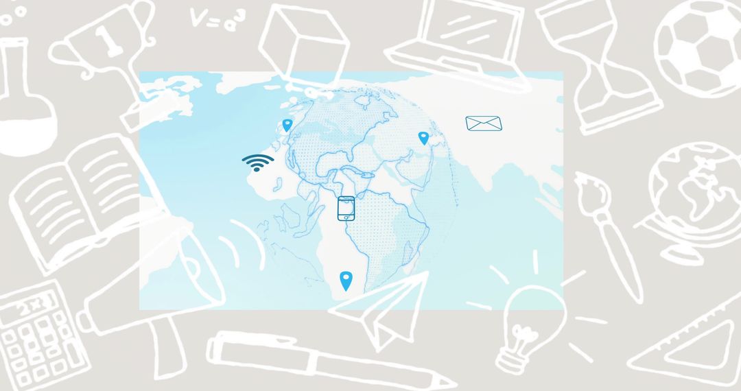 World Map Surrounded by Icons Depicting Global Connectivity