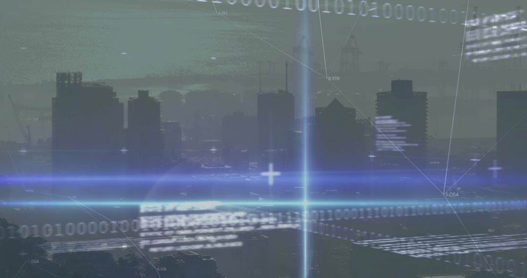 Futuristic Technology Overlay on City Skyline with Digital Graphics