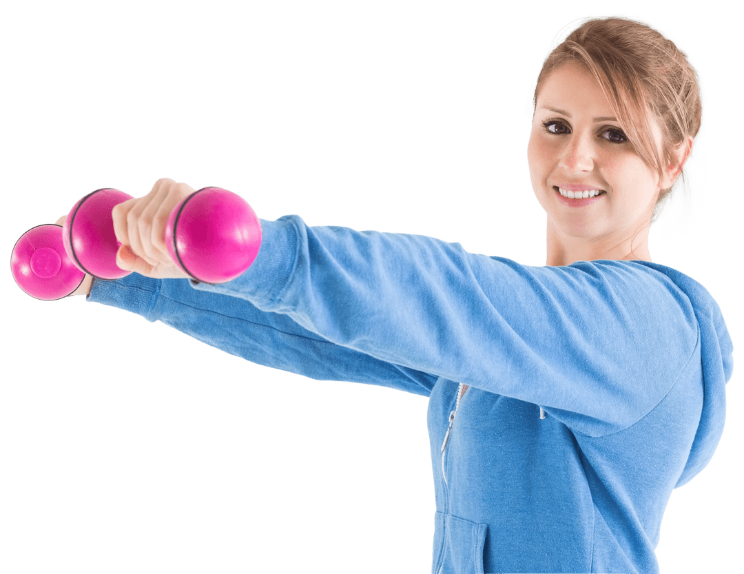 Transparent Cheerful Woman Exercising with Dumbbells