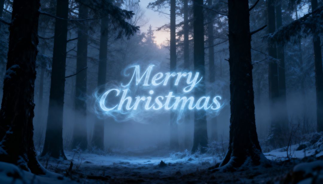 Glowing Merry Christmas Cursive Text Floating Over Snowy Twilight Forest Mist