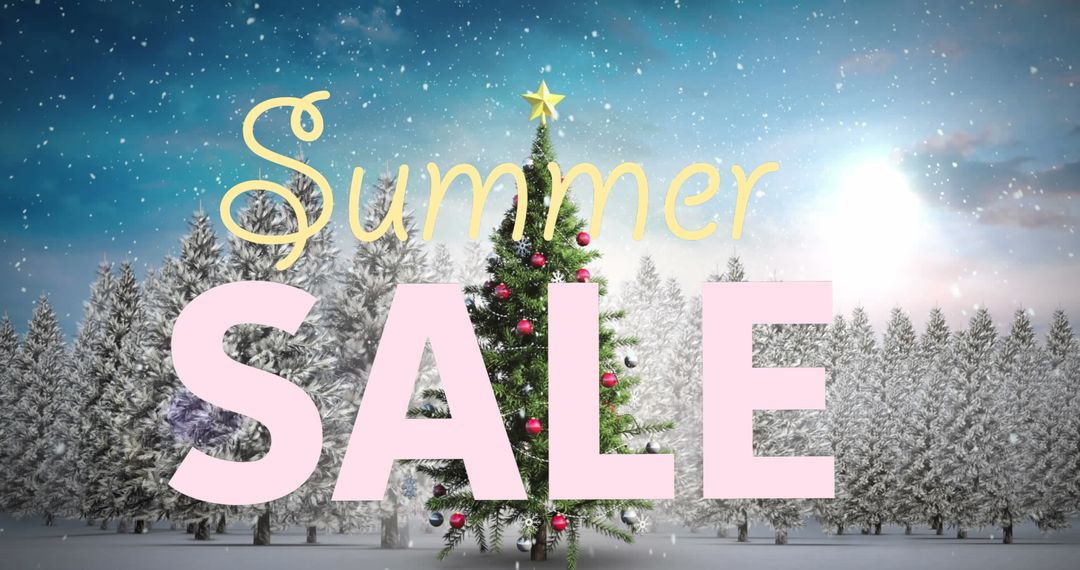 Summer Sale Text Over Festive Christmas Tree in Snowy Forest