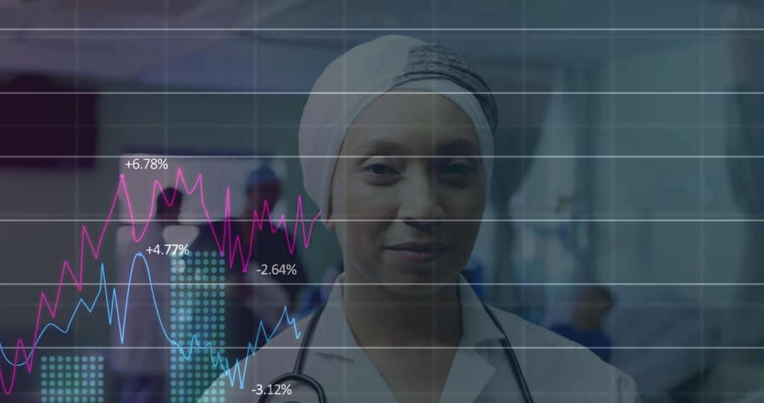 Female Doctor Analyzing Medical Data Trends with Smiling Confidence