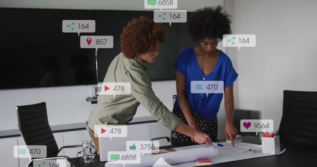 Diverse Architects Collaborating Over Blueprint with Social Media Overlay