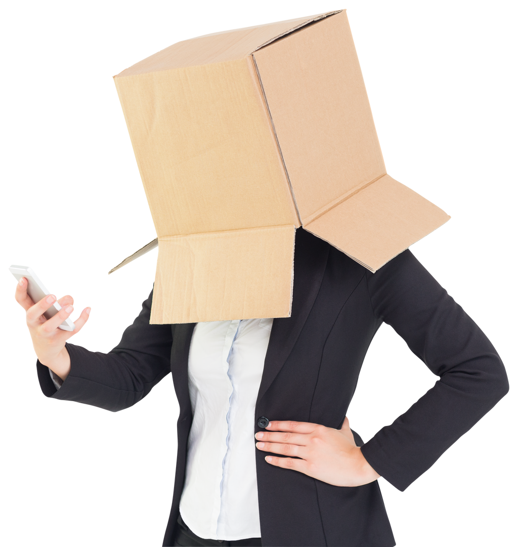 Businesswoman with Transparent Cardboard Box on Head Using Smartphone - Download Free Stock Images Pikwizard.com