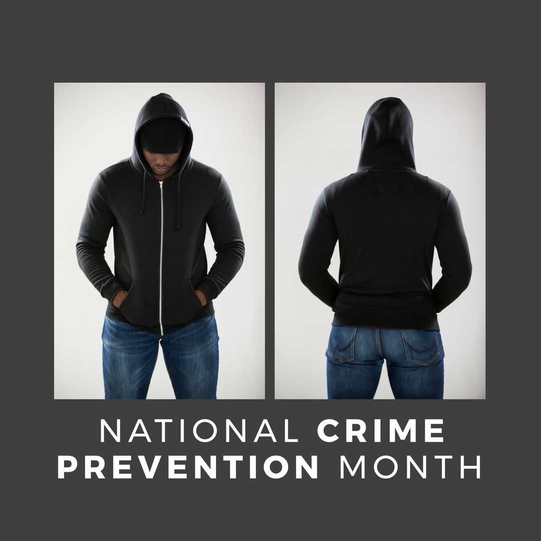 Collage of african american man wearing black hood and national crime prevention month text - Download Free Stock Templates Pikwizard.com