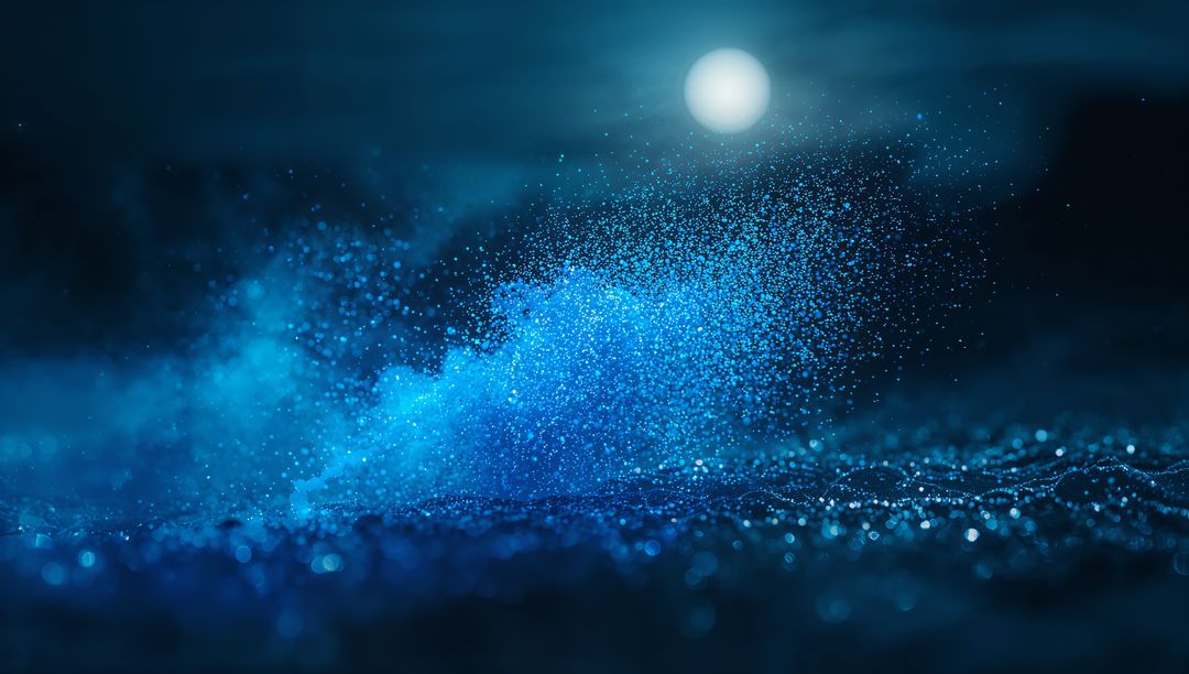 Abstract Swirling Blue Particle Cloud on Cosmic Shore
