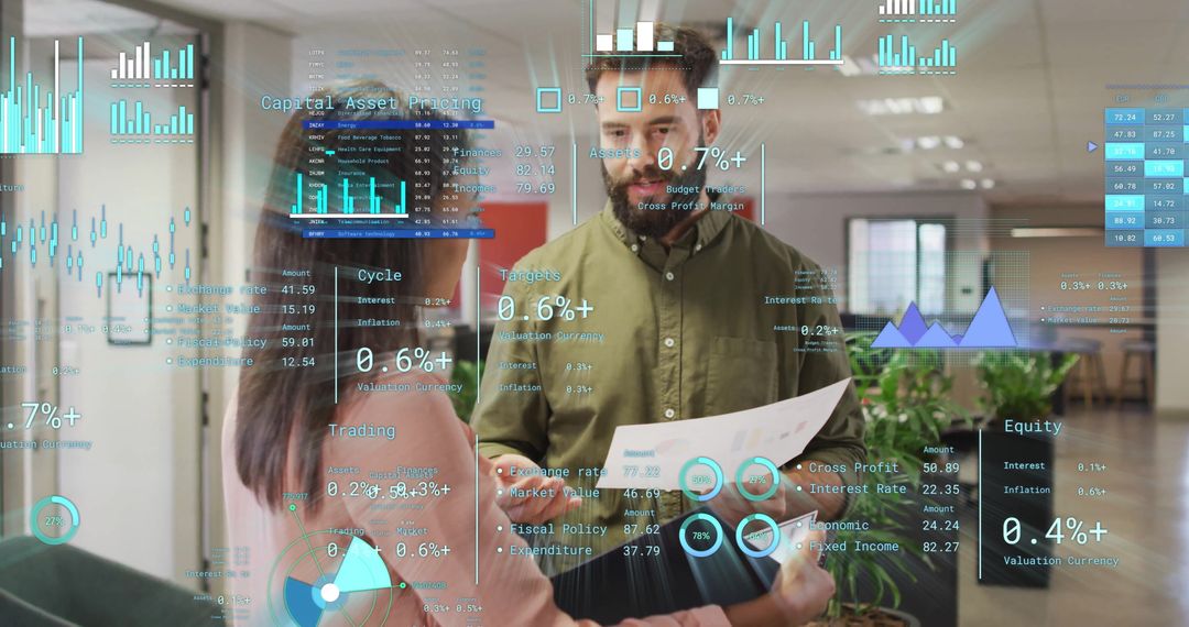 Business Professionals Analyzing Financial Data with Technology Interface