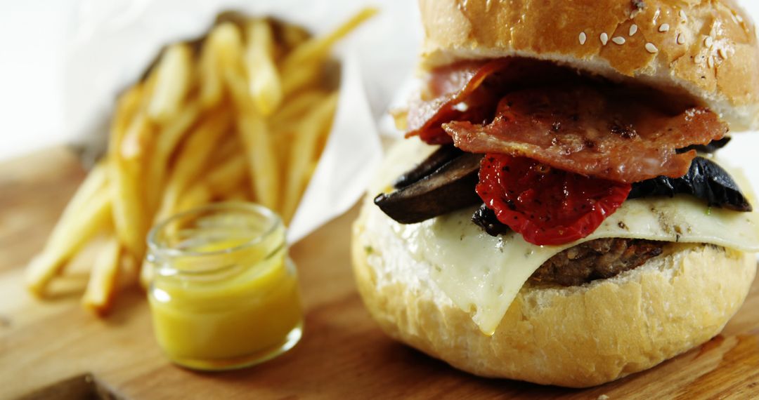 A classic American meal features a cheeseburger with bacon and mushrooms, fries, and mustard. - Free Images, Stock Photos and Pictures on Pikwizard.com