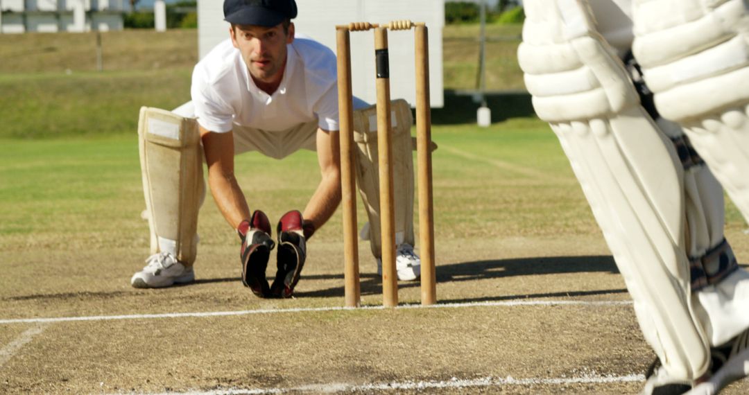 Close-up of Cricket Wicketkeeper Preparing to Catch Ball During Game - Free Images, Stock Photos and Pictures on Pikwizard.com