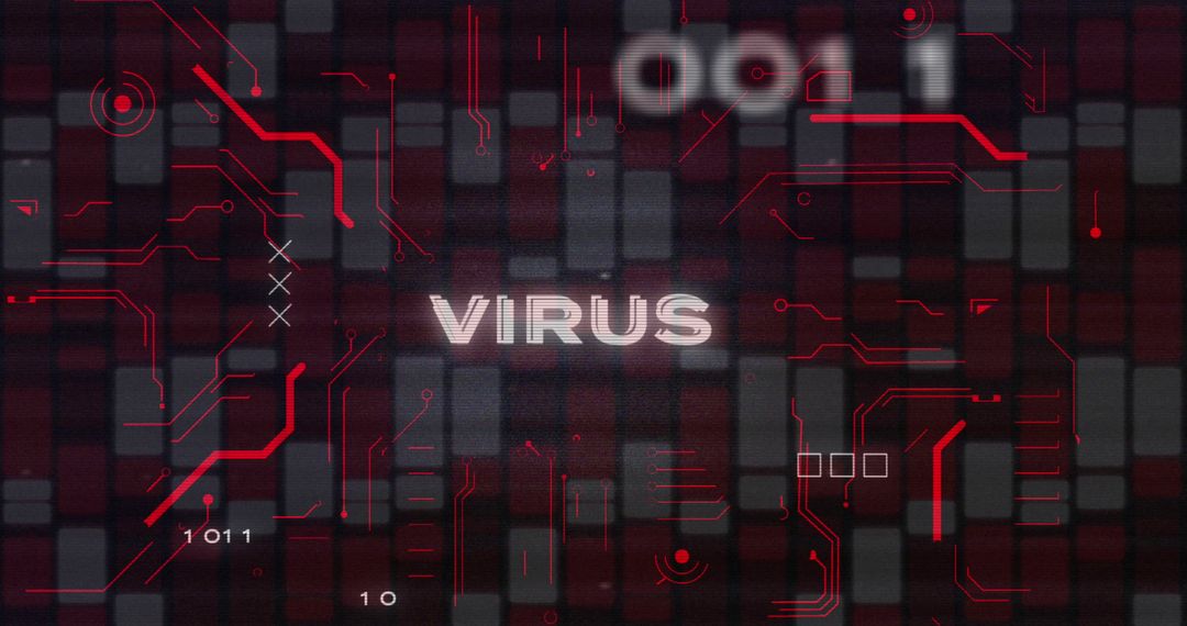 Cybersecurity Threat Concept: Glowing Virus Text Over Digital Circuit