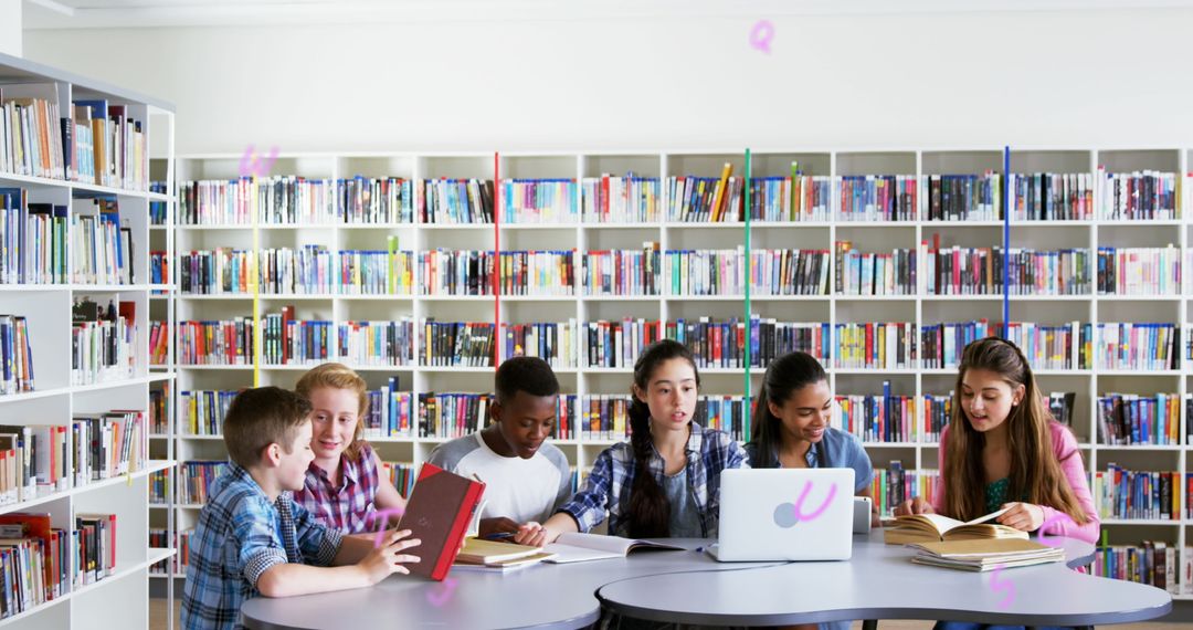 Diverse Students Studying in Library with Floating Alphabets