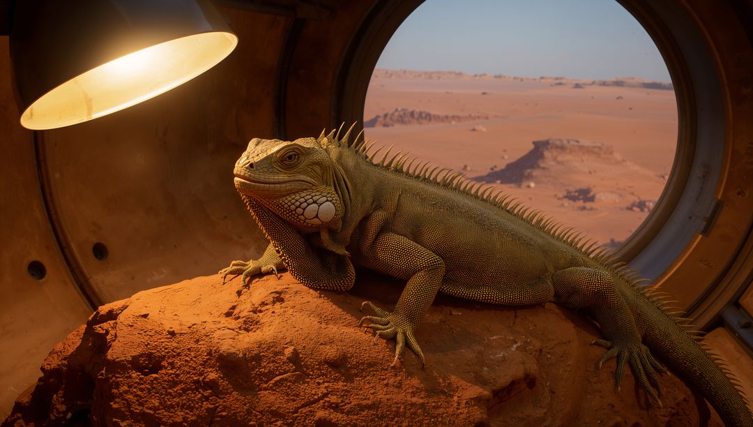 Green iguana basking on red rock under heat lamp inside metal enclosure with desert view