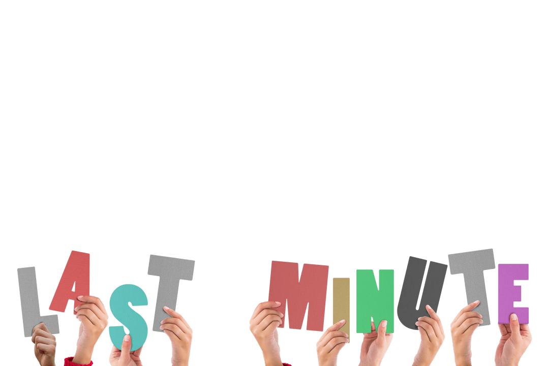 Hands Holding Last Minute Letters on Transparent Background Vector