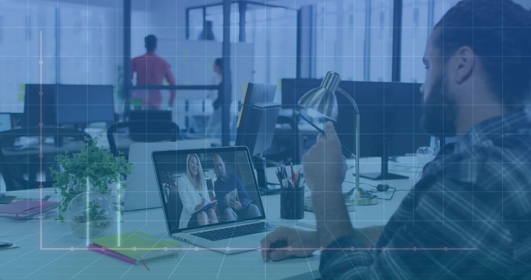 Professional Video Conference Call in Modern Open Office Environment