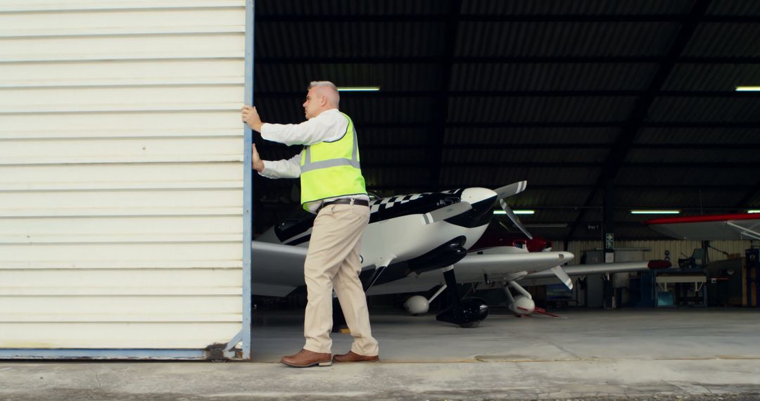 Airport Worker Closing Hangar Door at Small Aircraft Hangar - Free Images, Stock Photos and Pictures on Pikwizard.com